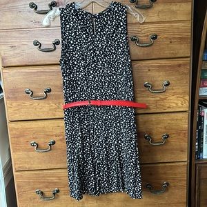 Navy Rayon Patterned Dress with Red Belt